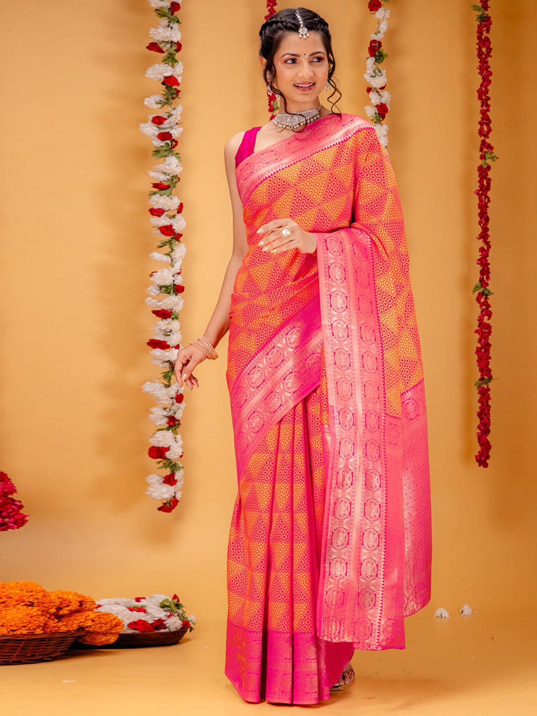 

Mitera Woven Design Zari Silk Blend Banarasi Saree, Pink