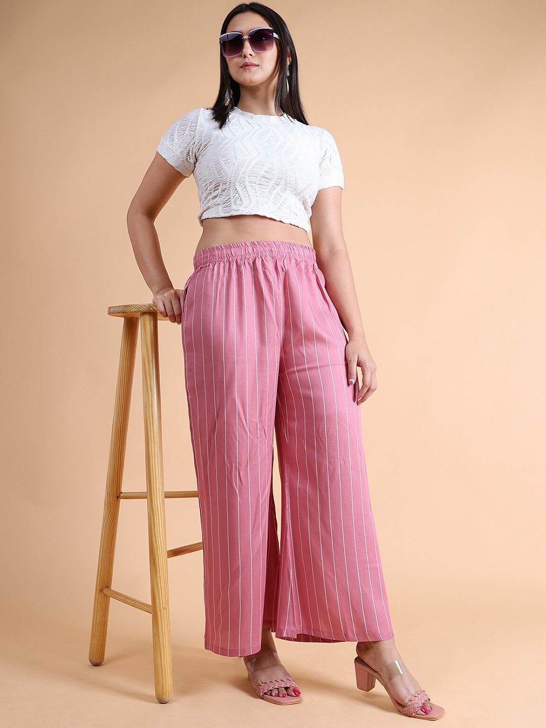 

GRANTH FASHION Striped Relaxed Fit Palazzos, Pink