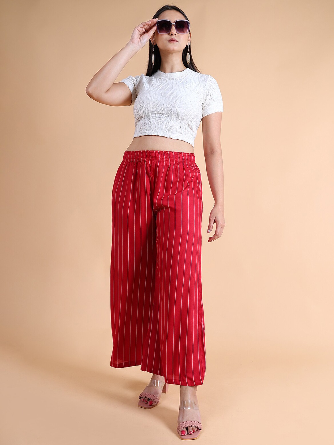 

GRANTH FASHION Striped Relaxed Fit Palazzos, Red