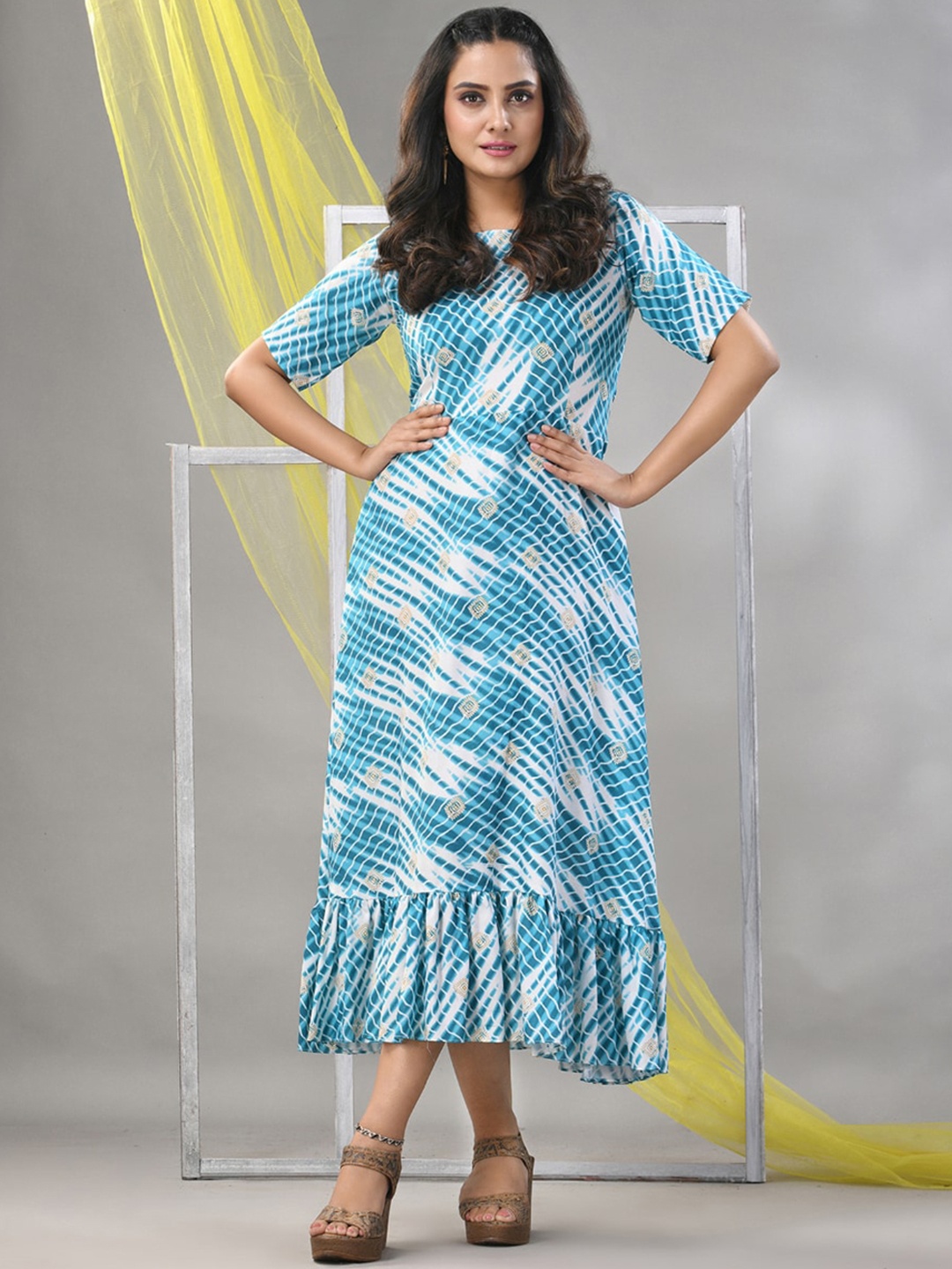 

Charukriti Plus Size Shibori Printed Fit and Flare Midi Ethnic Dress, White