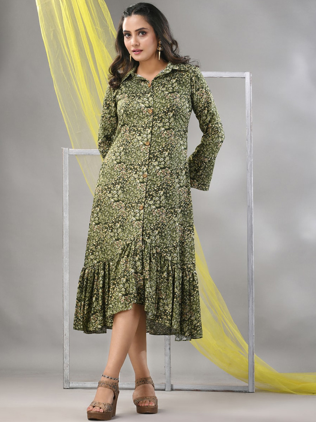 

Charukriti Floral Printed Shirt Collar Flared Sleeves A-line Ethnic Dress, Green