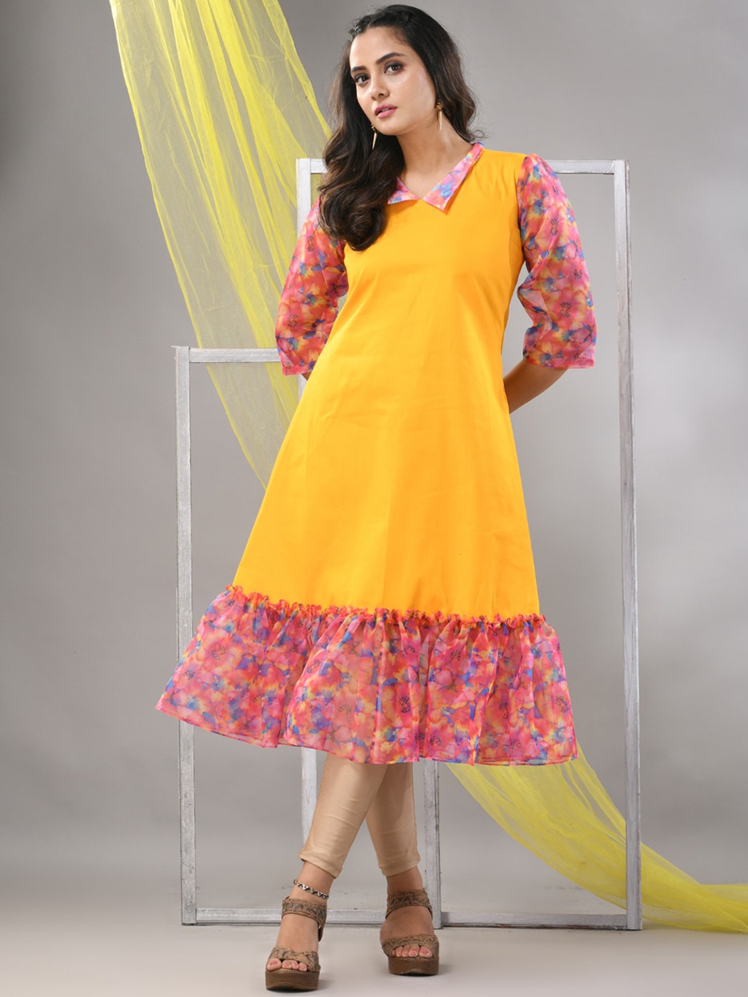 

Charukriti Shirt Collar Cotton A-Line Midi Dress, Yellow