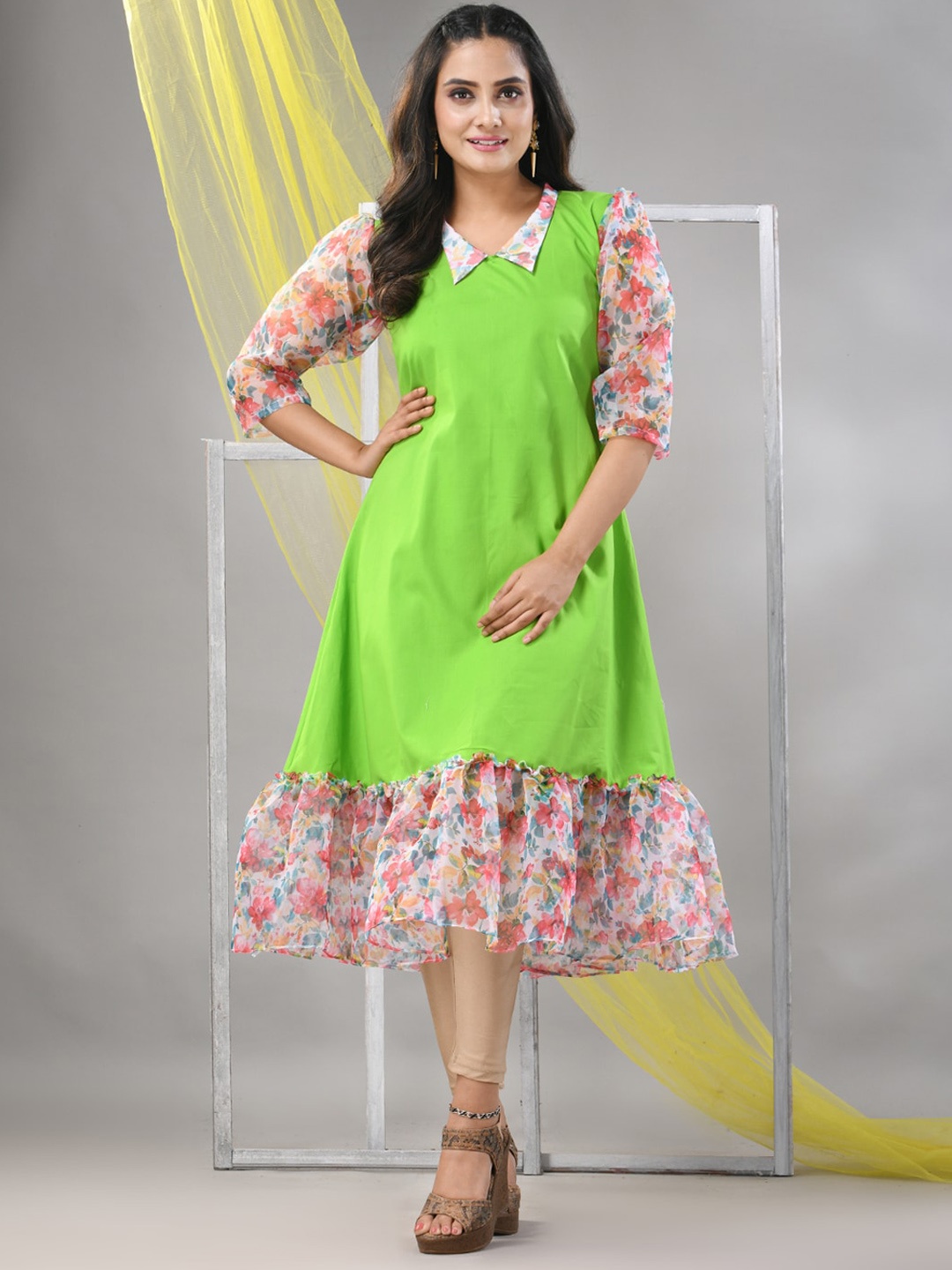 

Charukriti Shirt Collar Cotton A-Line Midi Dress, Green