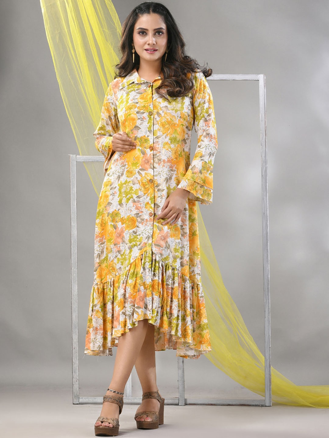 

Charukriti Floral Printed Bell Sleeves A-Line Midi Ethnic Dresses, White