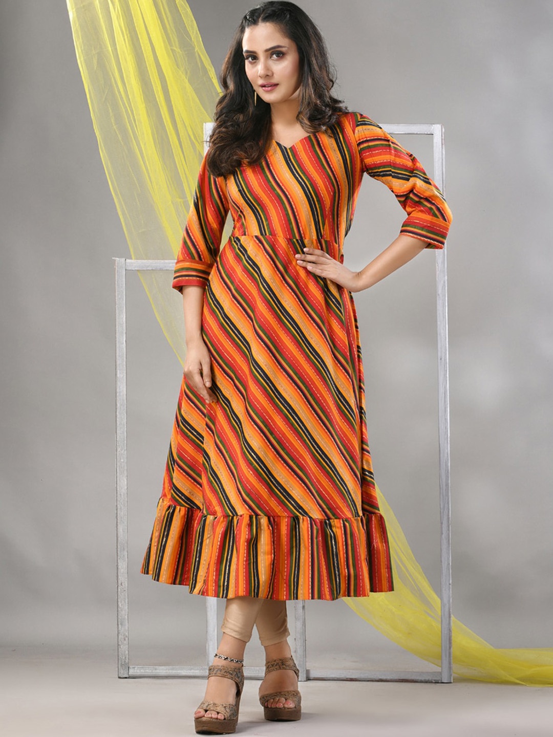 Charukriti Striped Sweetheart-Neck Cotton Fit & Flare Midi Ethnic Dress, Red