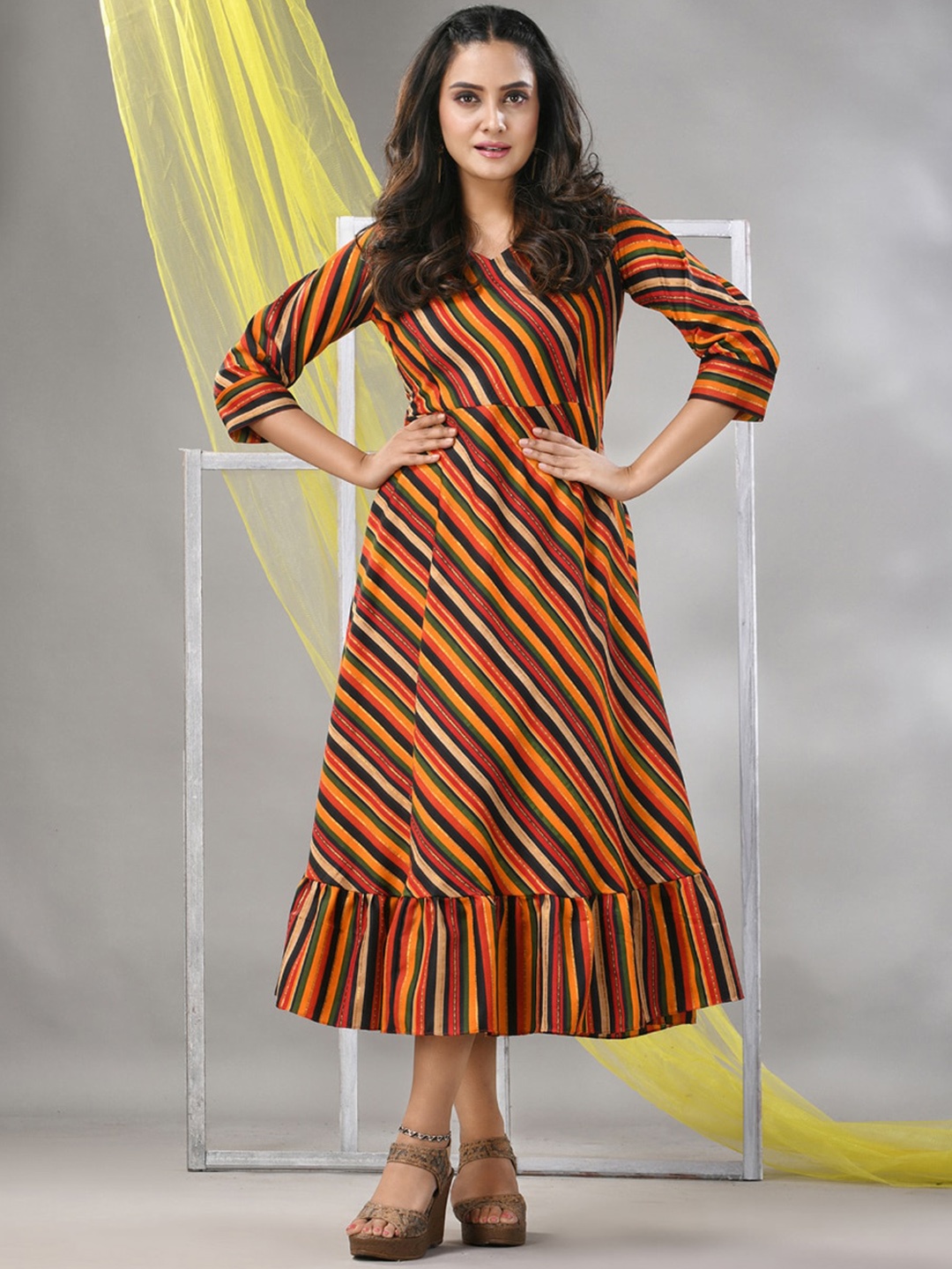 

Charukriti Striped V-Neck Cotton Fit & Flare Midi Ethnic Dress, Yellow
