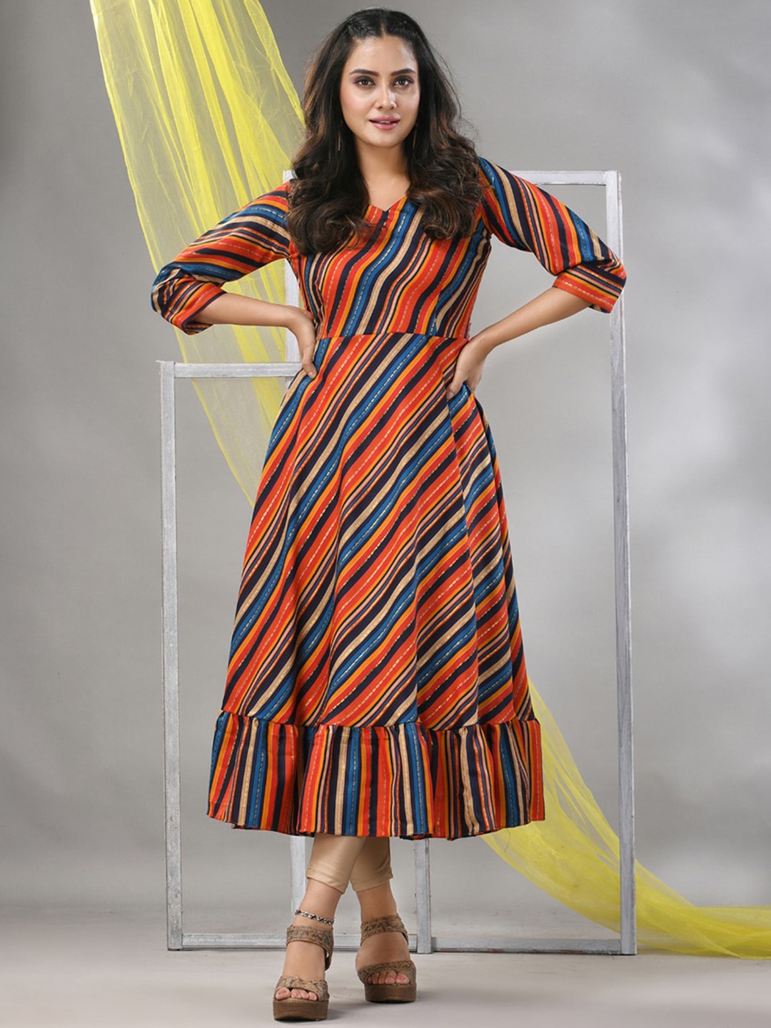 Charukriti Striped Ruffled A-Line Midi Dress, Orange