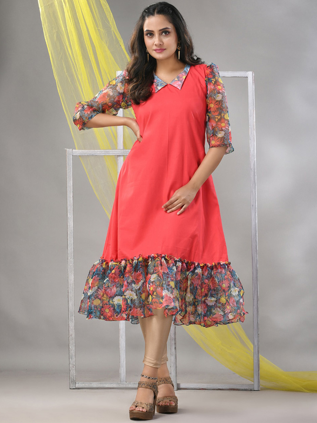 

Charukriti Shirt Collar Cotton A-Line Midi Dress, Peach