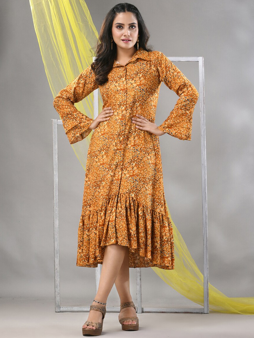 

Charukriti Floral Printed Ruffled Shirt Midi Dress, Mustard