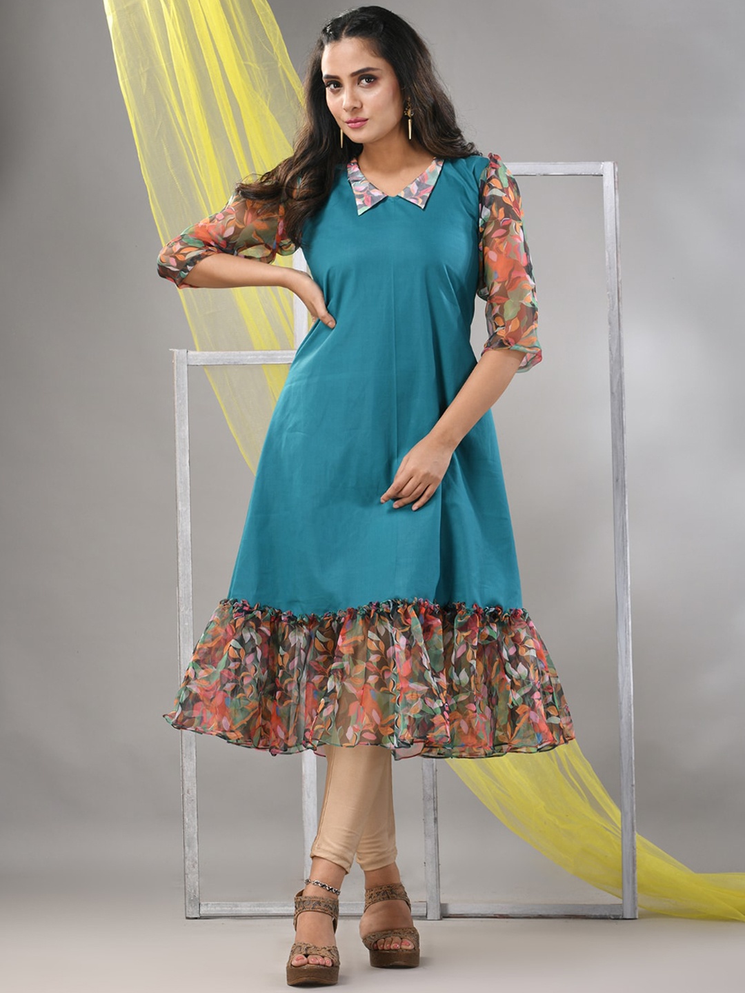 

Charukriti Shirt Collar Cotton A-Line Midi Dress, Teal