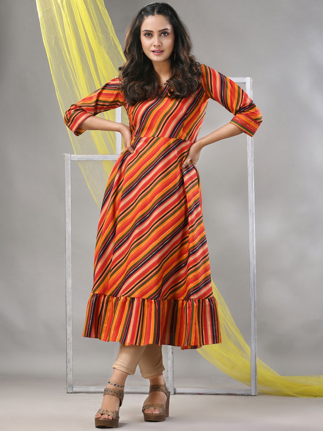 

Charukriti Striped Ruffled A-Line Midi Dress, Orange