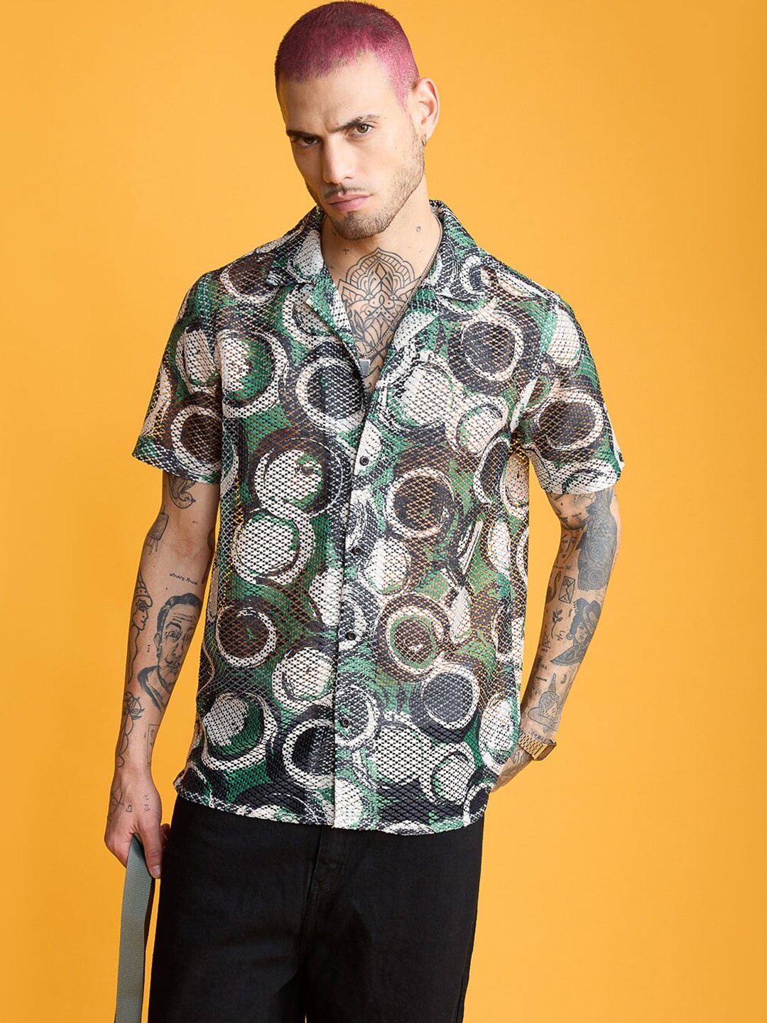 

FREAKINS Geometric Printed Sheer Casual Shirt, Green