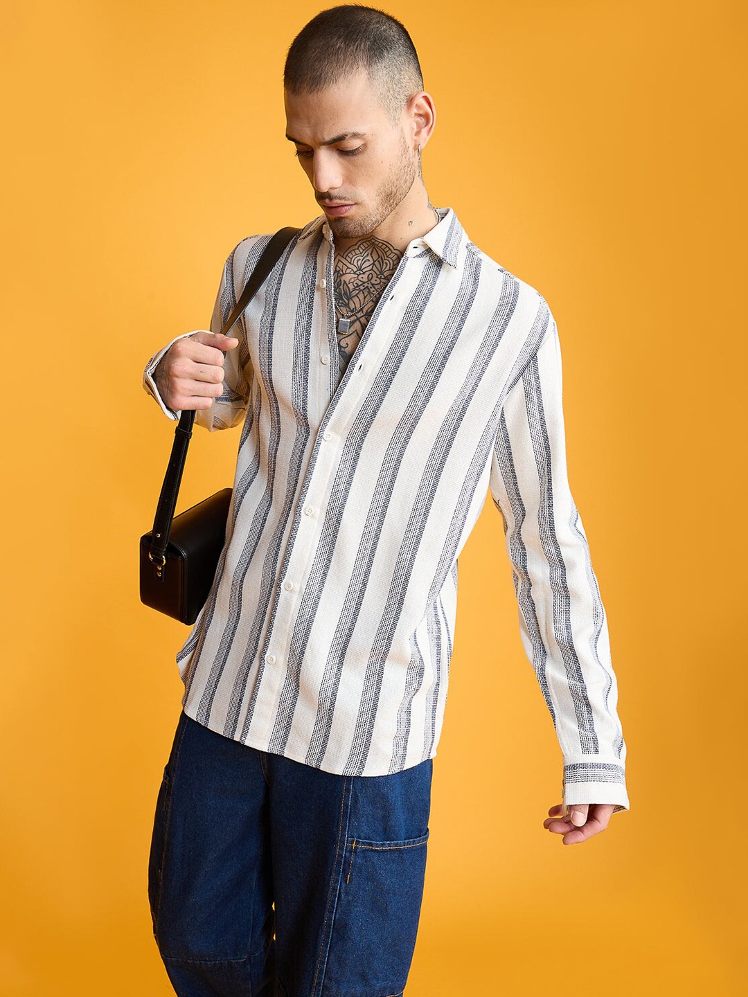 

FREAKINS Cotton Striped Casual Shirt, White