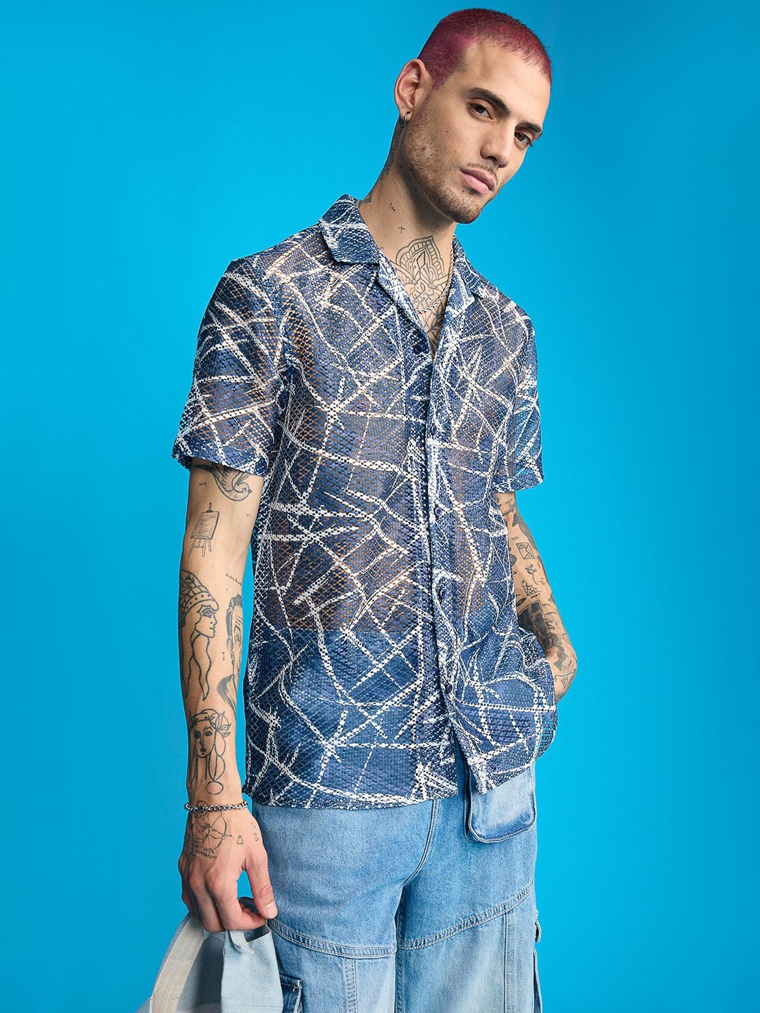 

FREAKINS Cuban Collar Printed Casual Shirt, Blue