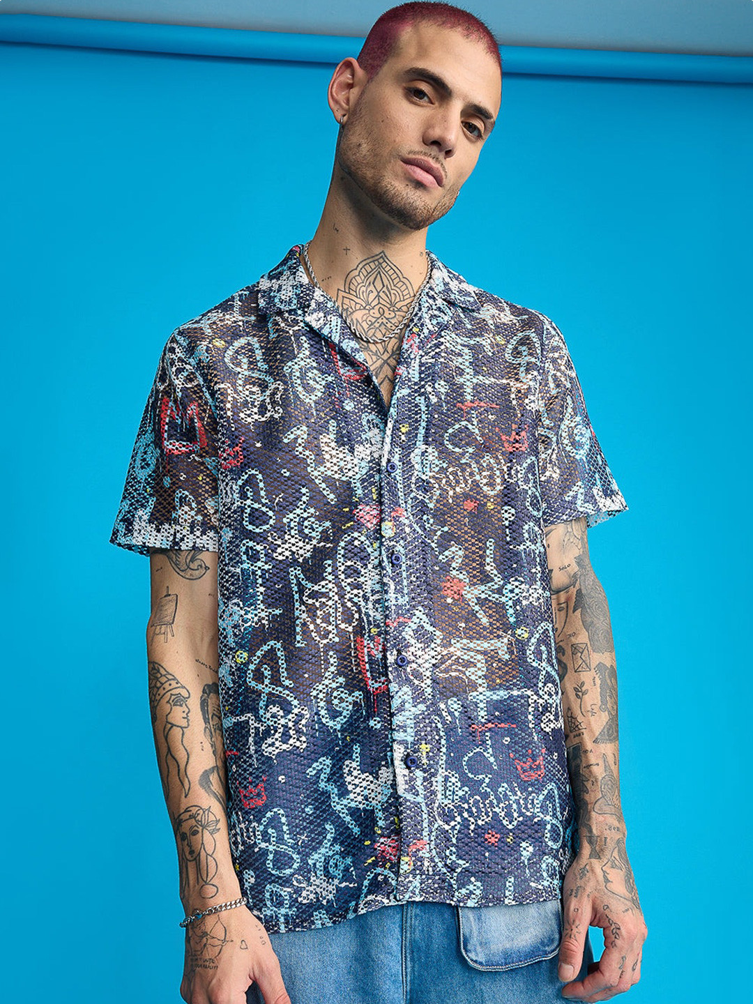 

FREAKINS Floral Printed Spread Collar Short Sleeves Casual Shirt, Blue