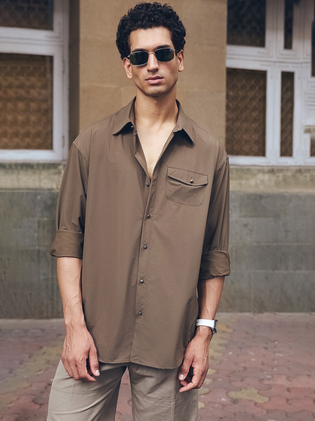 

FREAKINS Spread Collar Long Sleeves Casual Shirt, Brown