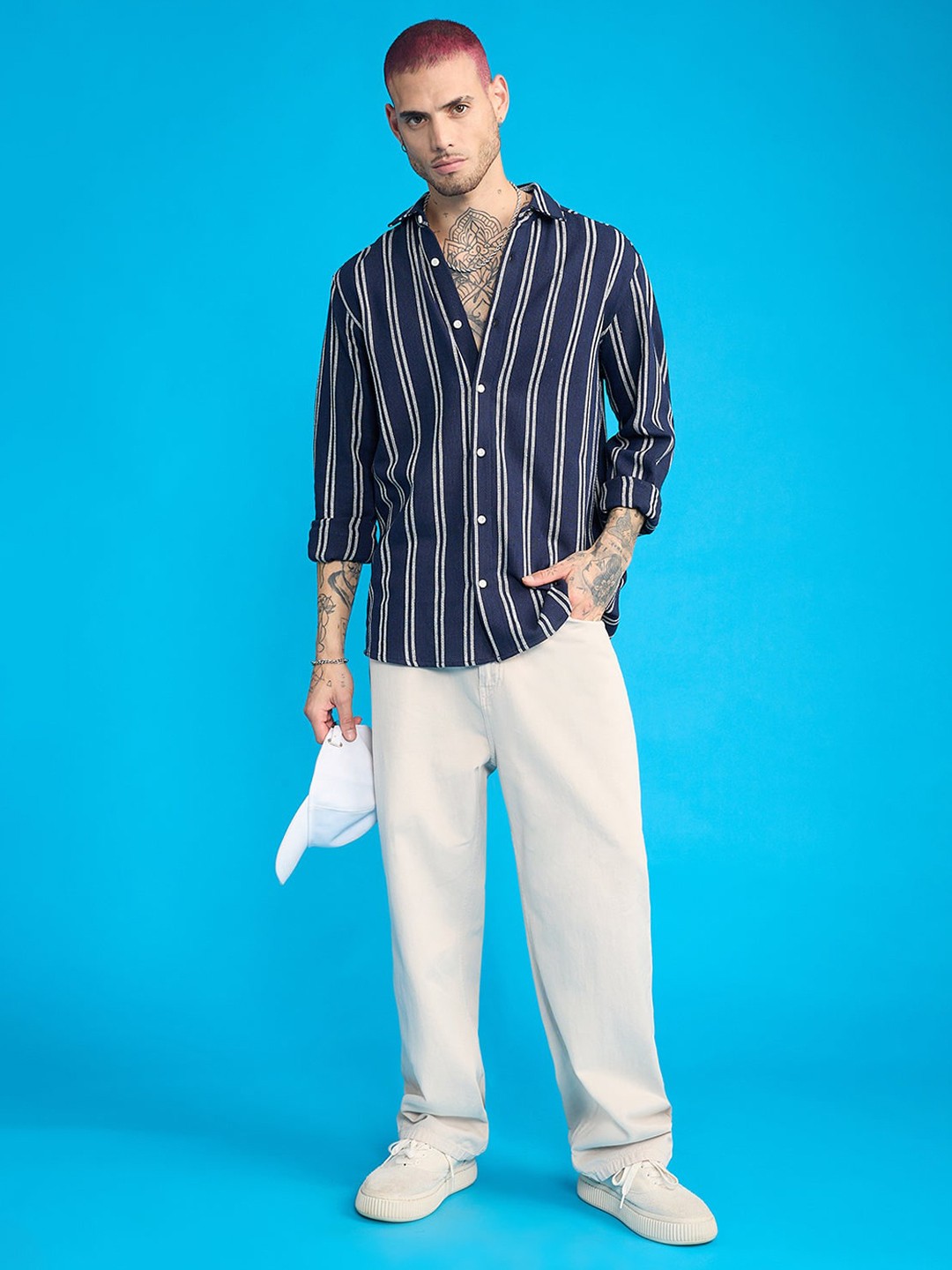 

FREAKINS Spread Collar Cotton Striped Casual Shirt, White