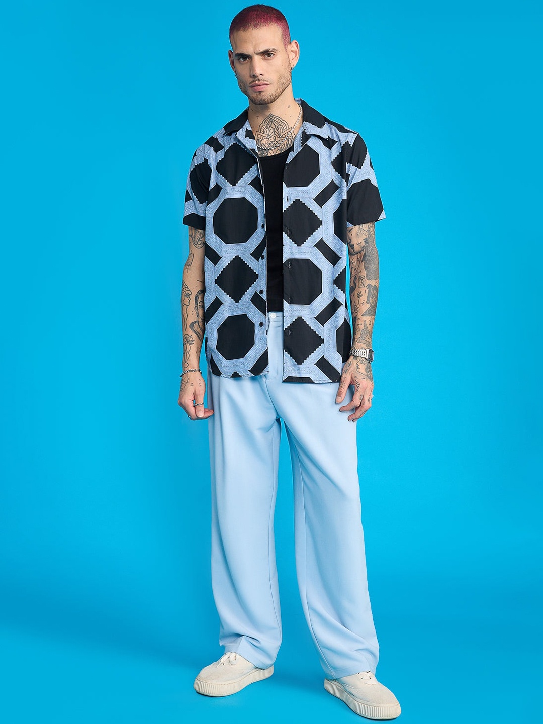 

FREAKINS Printed Spread Collar Short Sleeves Cotton Casual Shirt, Black