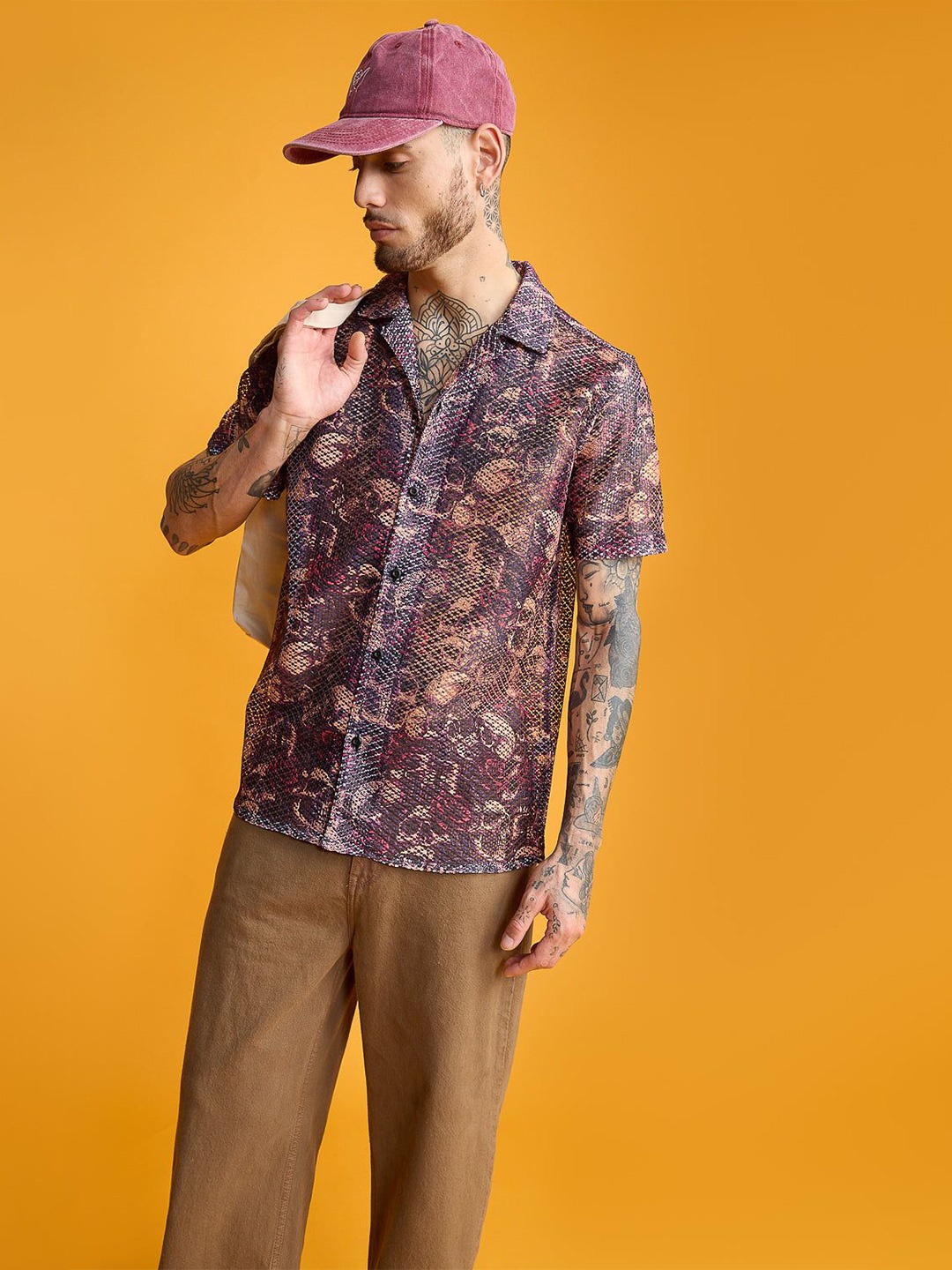 

FREAKINS Printed Spread Collar Short Sleeves Casual Shirt, Purple