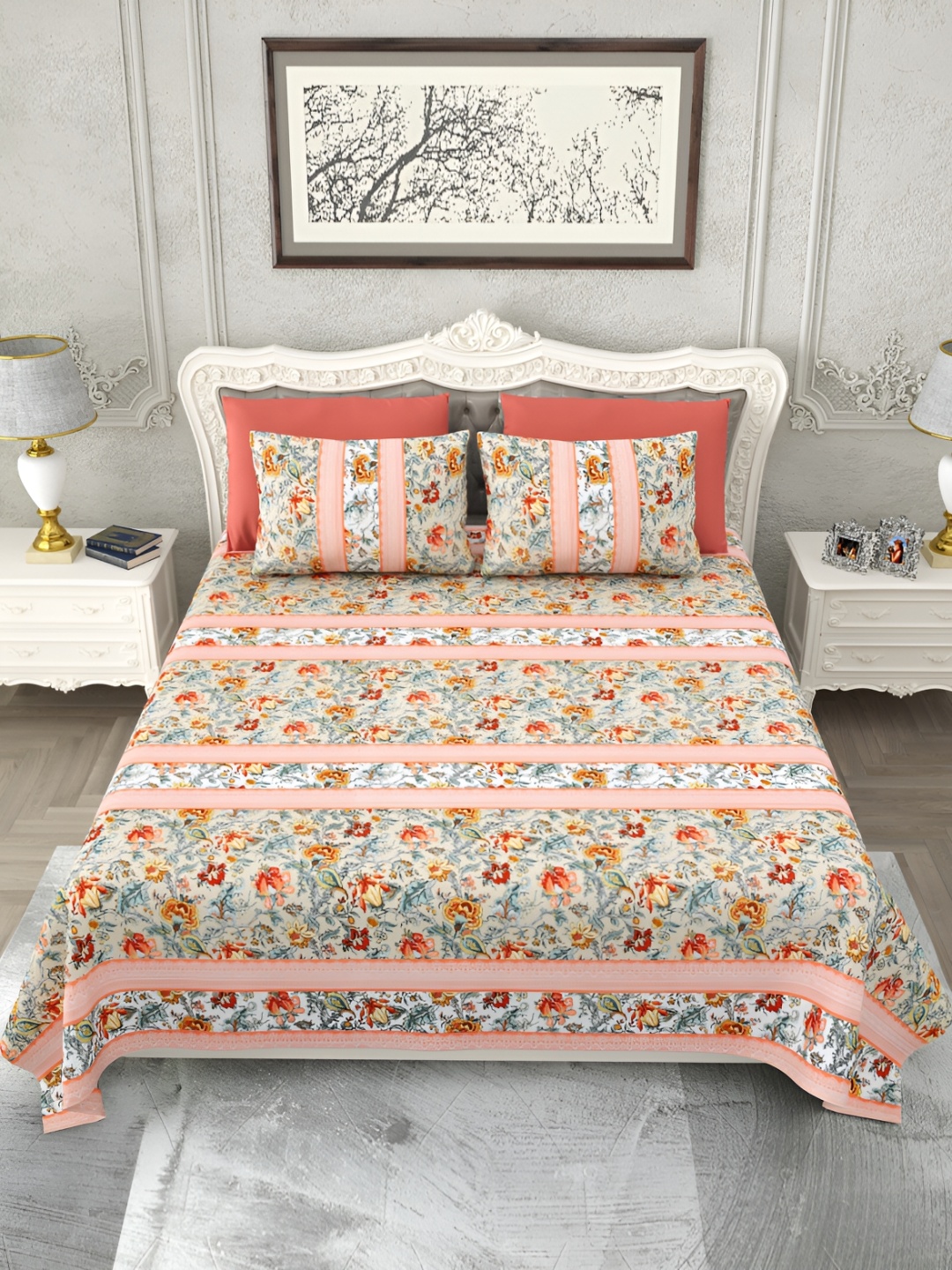 

SHOOLIN Peach & Grey Floral Printed Cotton 162 TC King Bedsheet With 2 Pillow Covers