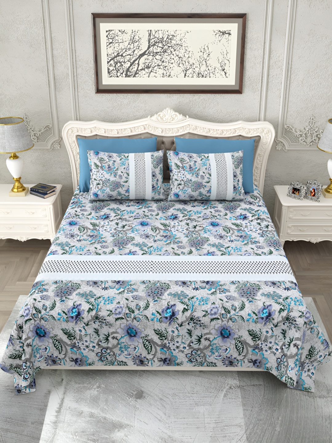 

SHOOLIN Grey & Blue Floral Printed Cotton 162 TC King Bedsheet With 2 Pillow Covers