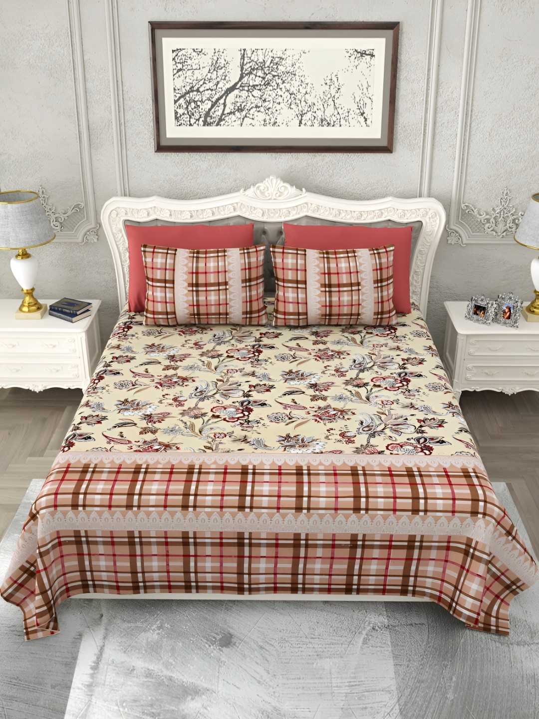 

SHOOLIN Yellow & Red Floral Printed Cotton 162 TC King Bedsheet With 2 Pillow Covers