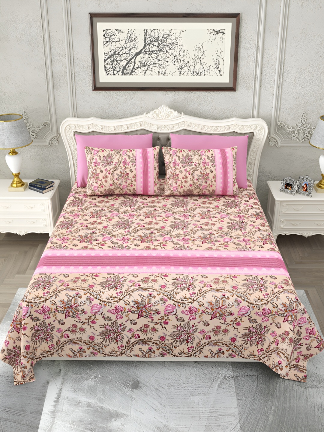 

SHOOLIN Pink & Peach Floral Printed Cotton 162 TC King Bedsheet With 2 Pillow Covers