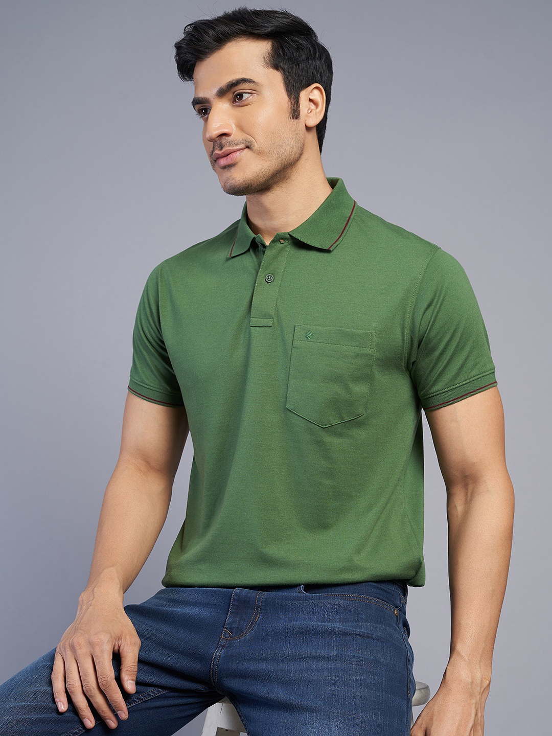

Greenfibre Polo Collar Pockets Slim Fit Cotton T-shirt, Green