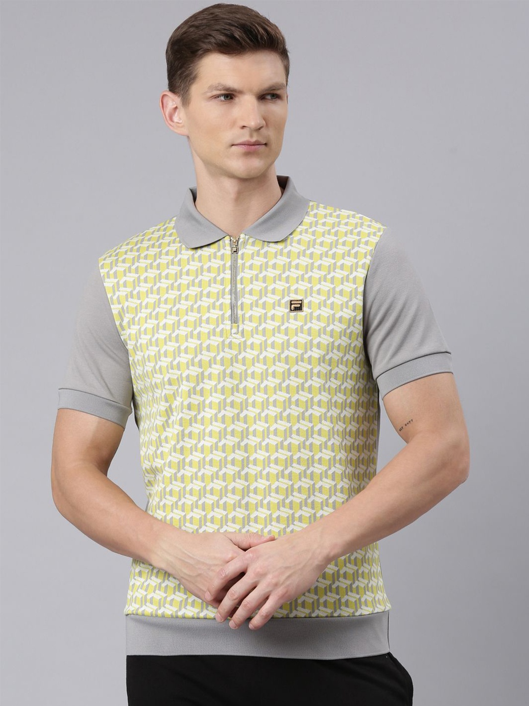 

FILA Geometric Printed Polo Collar T-shirt, Grey