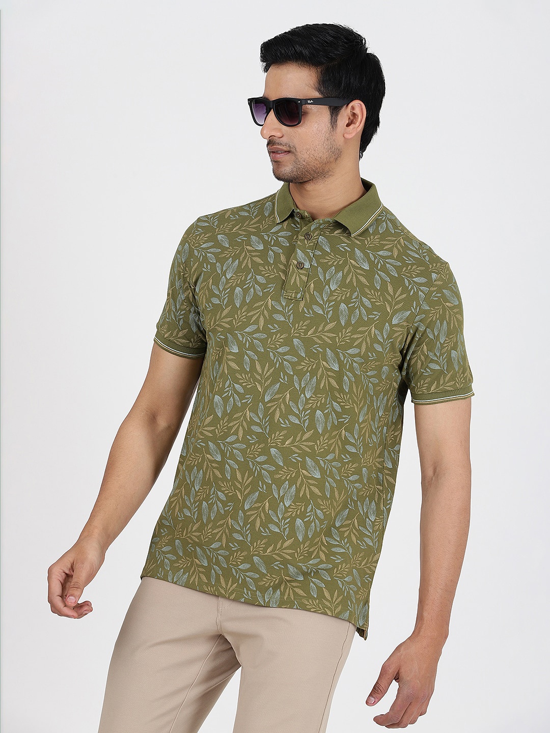 

JADE BLUE Floral Printed Polo Collar Pure Cotton Slim Fit T-shirt, Green