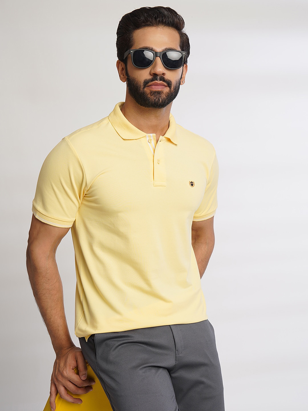 

JADE BLUE Polo Collar Pure Cotton Slim Fit T-shirt, Yellow