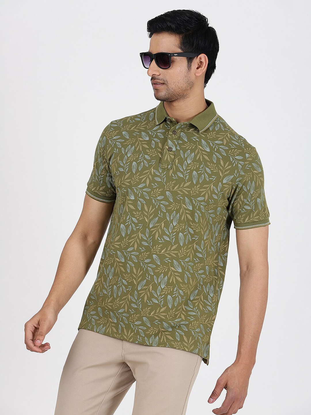 

JADE BLUE Floral Printed Polo Collar Pure Cotton Slim Fit T-shirt, Green
