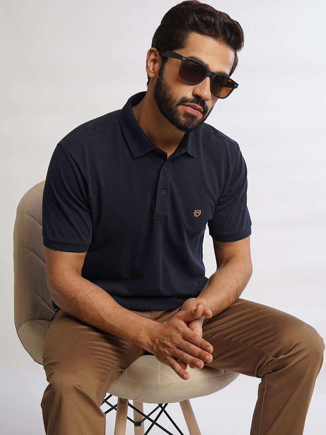 

JADE BLUE Men Polo Collar Pure Cotton Slim Fit Tshirt, Navy blue