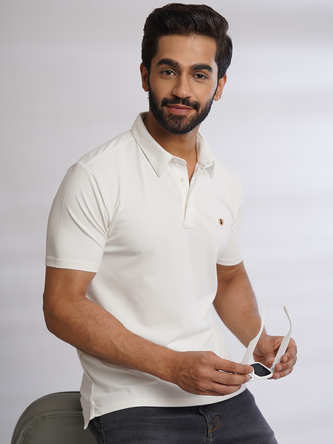 

JADE BLUE Polo Collar Pure Cotton Slim Fit T-shirt, White