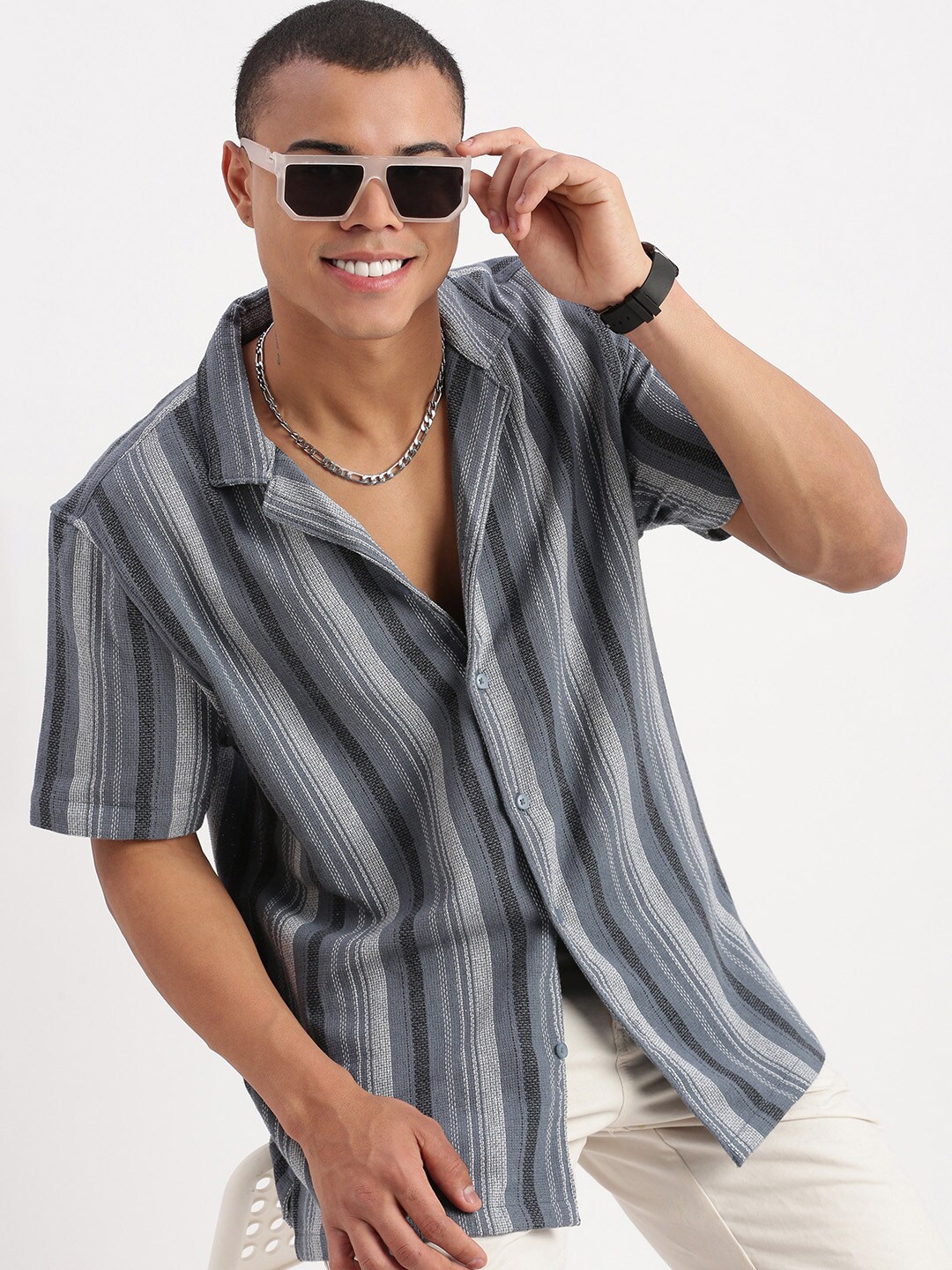 

SHOWOFF Standard Relaxed Fit Striped Cotton Casual Shirt, Grey