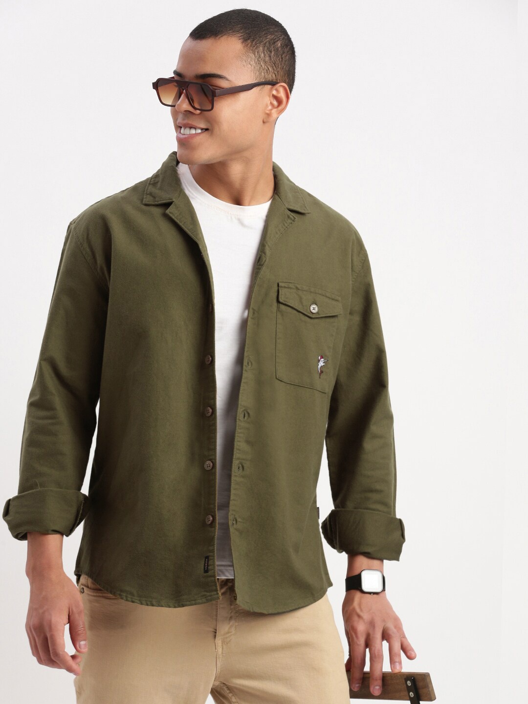 

SHOWOFF Standard Relaxed Fit Opaque Flannel Weave Cotton Casual Shacket Shirt, Olive