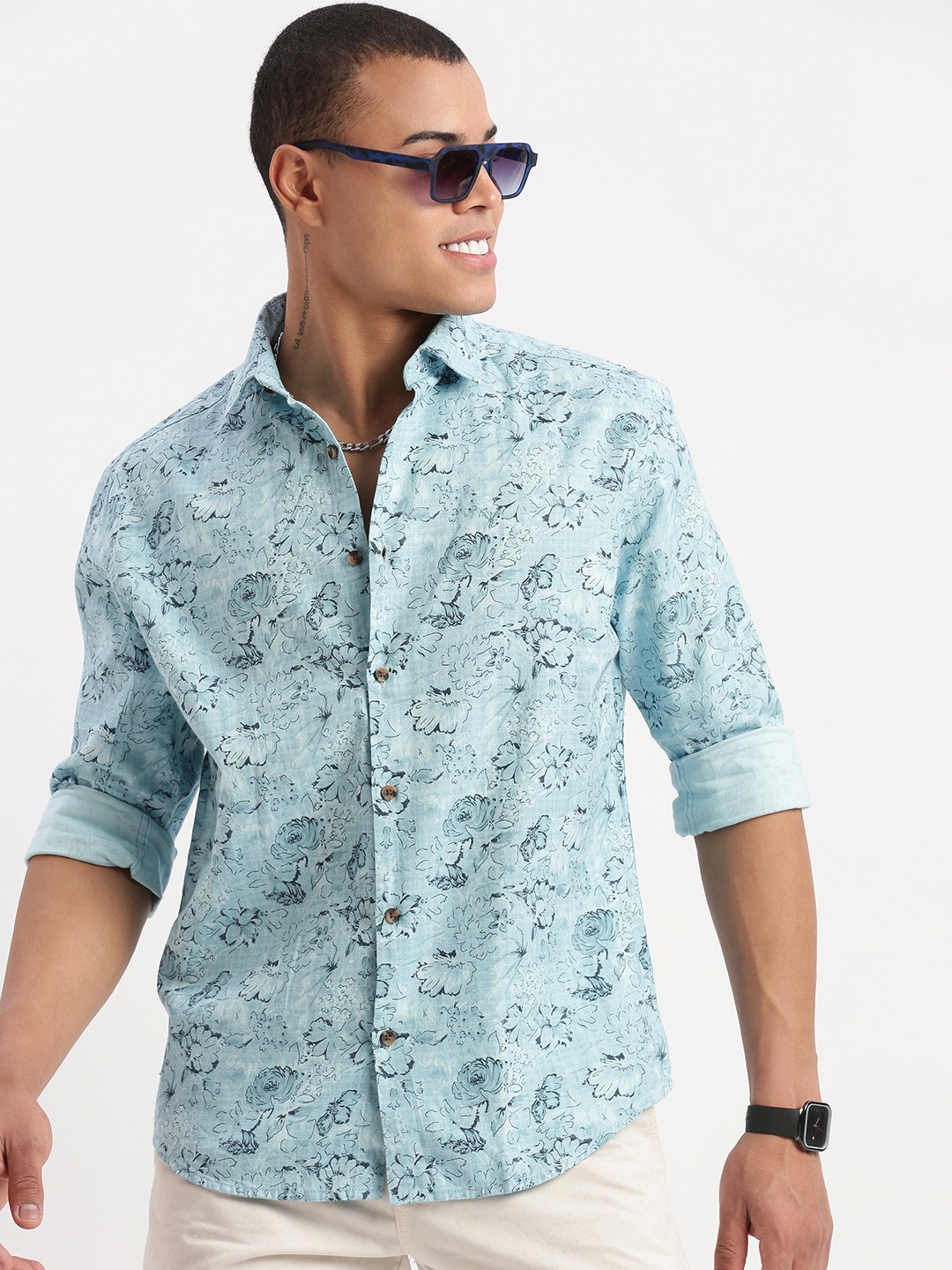 

SHOWOFF Premium Floral Printed Slim Fit Cotton Casual Shirt, Blue