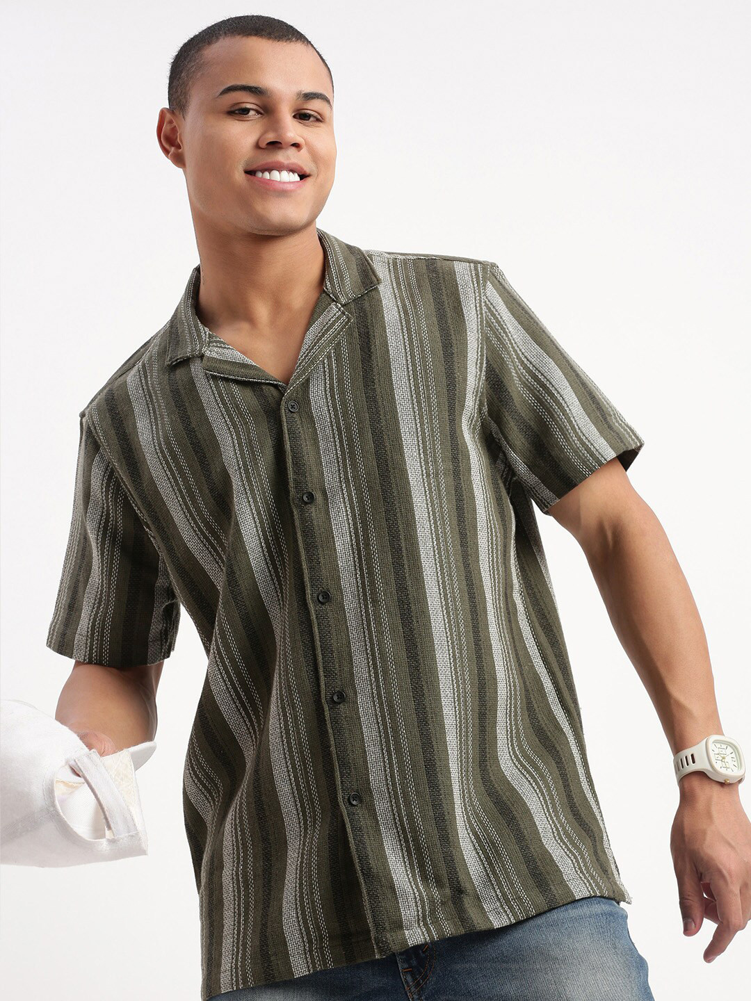 

SHOWOFF Men Standard Relaxed Fit Cotton Striped Casual Shirt, Olive
