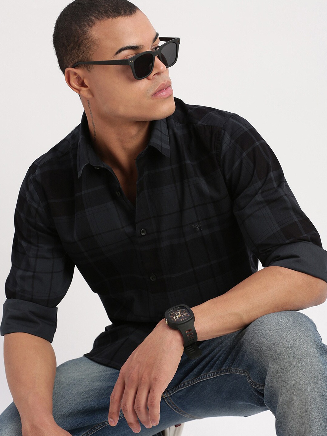 

SHOWOFF Standard Tartan Checks Slim Fit Cotton Casual Shirt, Teal