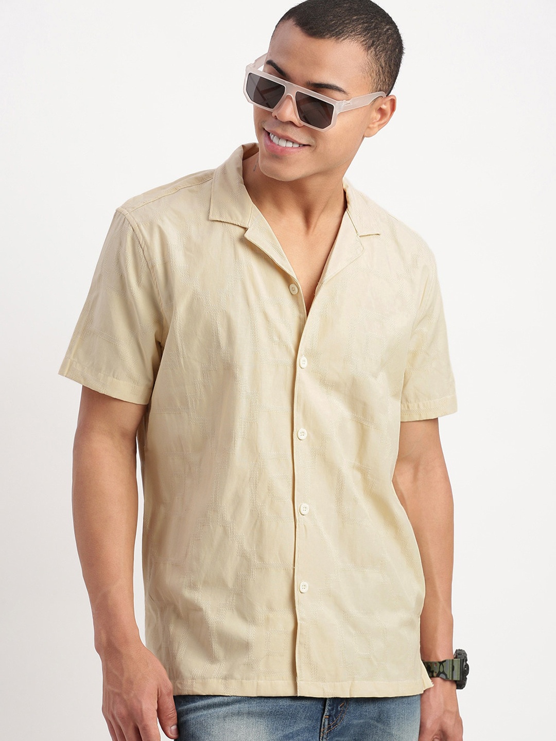 

SHOWOFF Premium Relaxed Fit Cuban Collar Cotton Shirt, Yellow