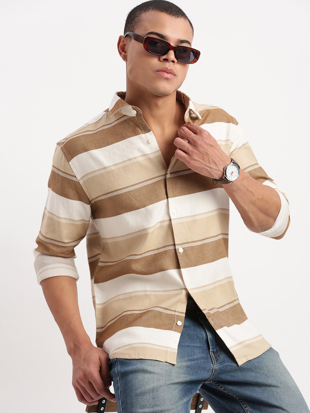 

SHOWOFF Premium Slim Fit Horizontal Stripes Twill Cotton Casual Shirt, Brown