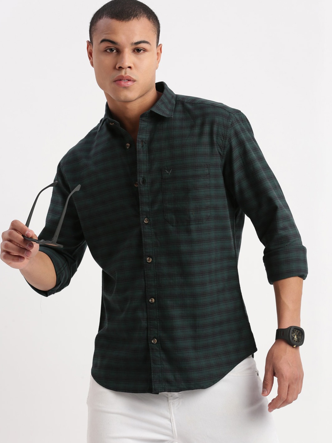 

SHOWOFF Premium Slim Fit Gingham Checks Cotton Casual Shirt, Green