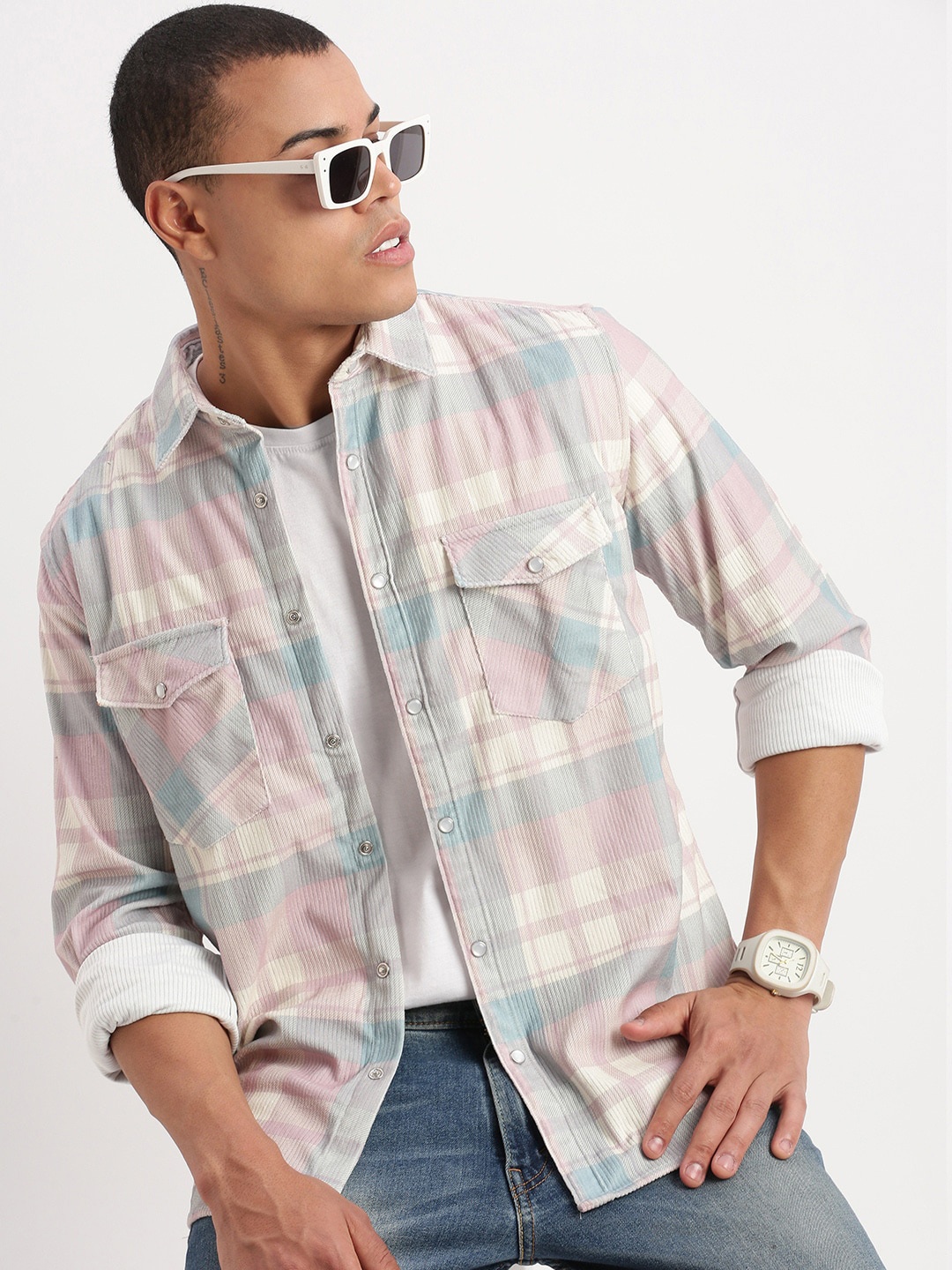 

SHOWOFF Standard Slim Fit Tartan Checks Corduroy Checked Casual Shirt, Peach