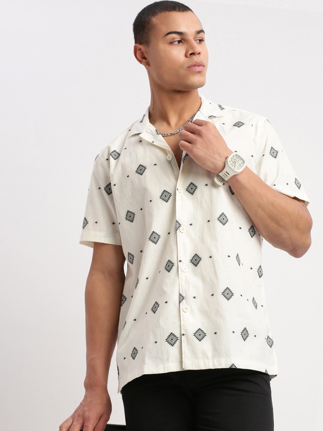 

SHOWOFF Premium Relaxed Fit Printed Cotton Casual Shirt, Cream