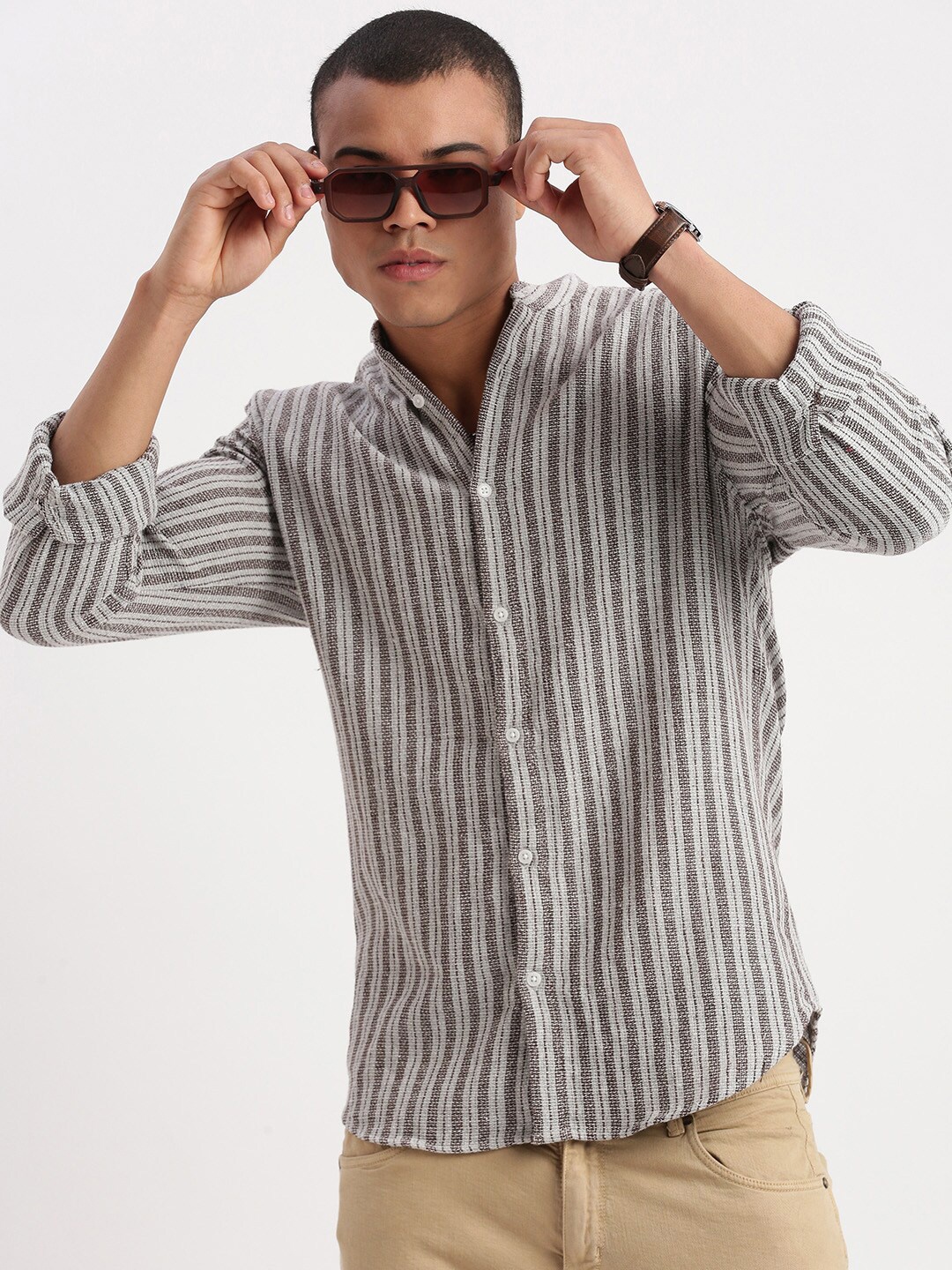 

SHOWOFF Standard Slim Fit Cotton Striped Casual Shirt, Grey