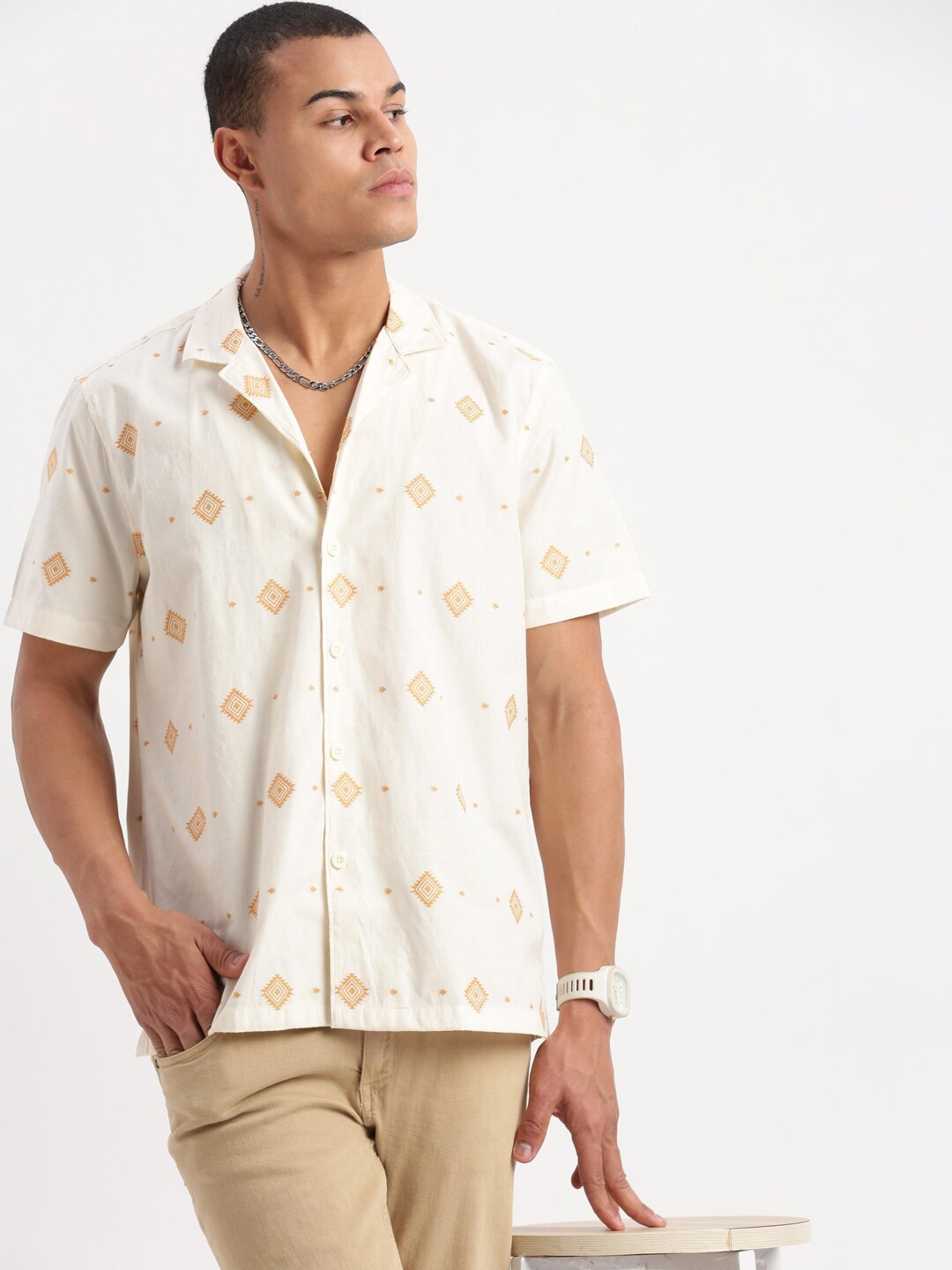 

SHOWOFF Premium Conversational Printed Cuban Collar Relaxed Fit Cotton Casual Shirt, Cream