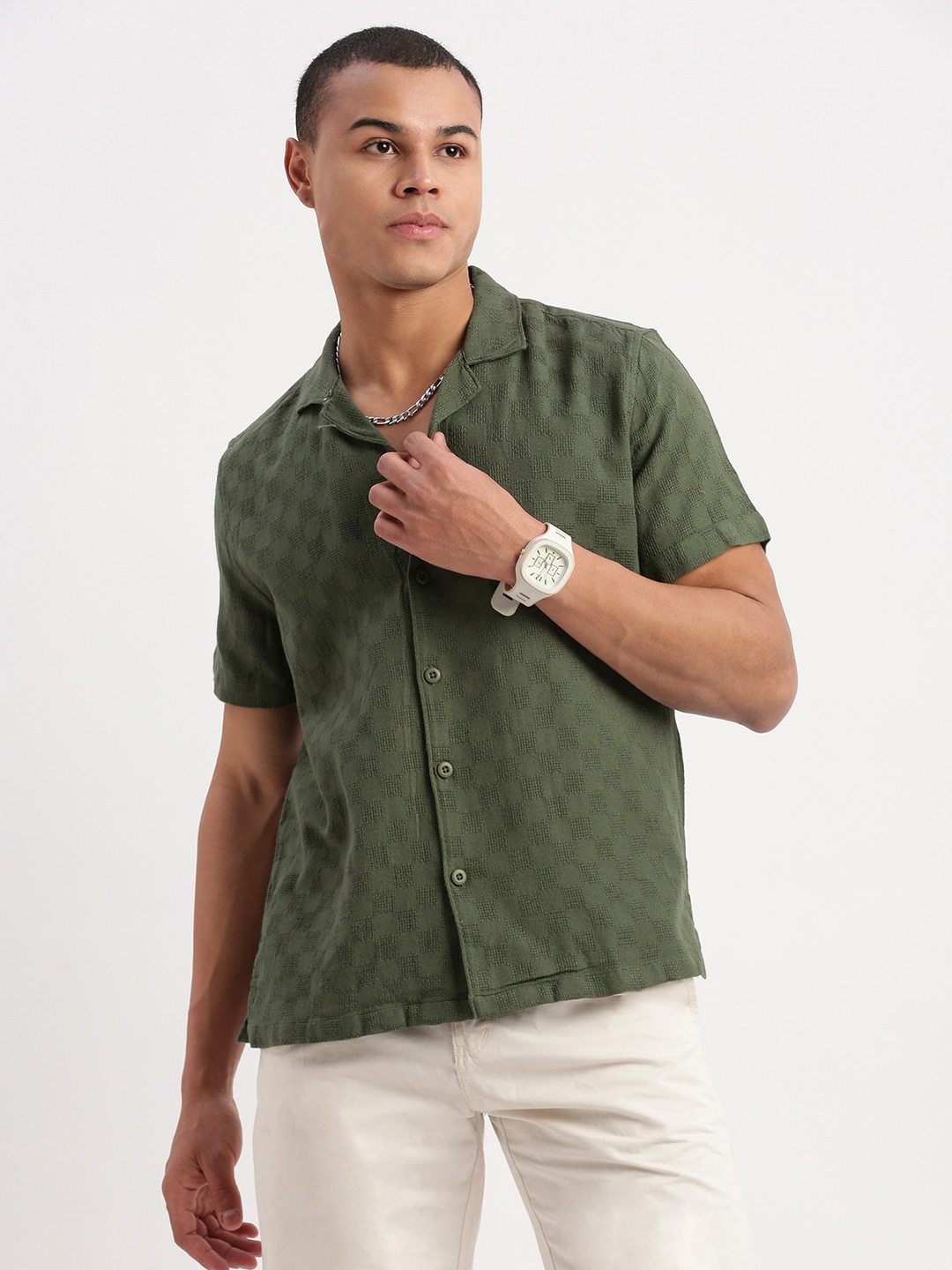 

SHOWOFF Premium Textured Relaxed Fit Casual Shirt, Green