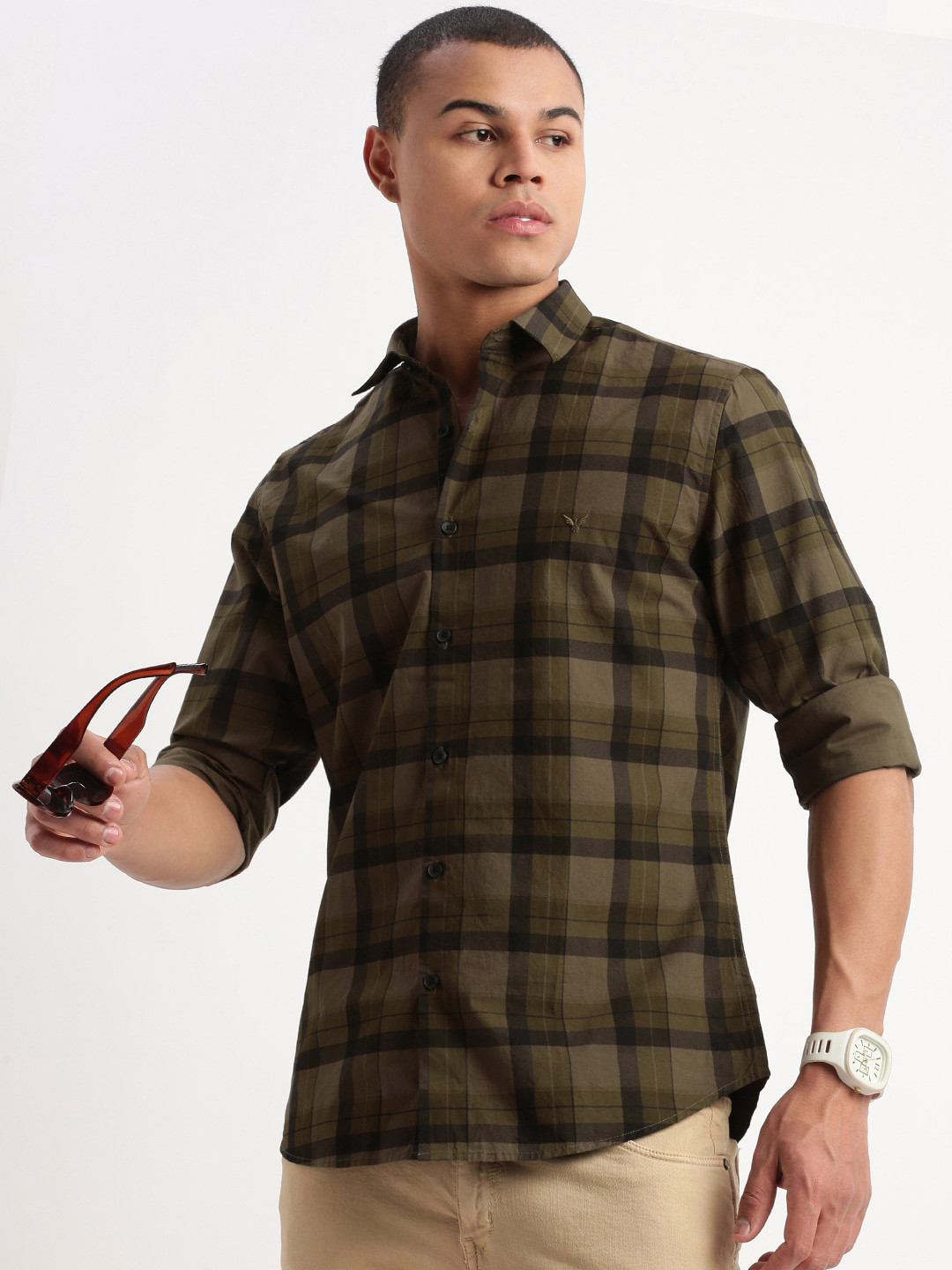 

SHOWOFF Standard Slim Fit Tartan Checked Spread Collar Cotton Shirt, Olive