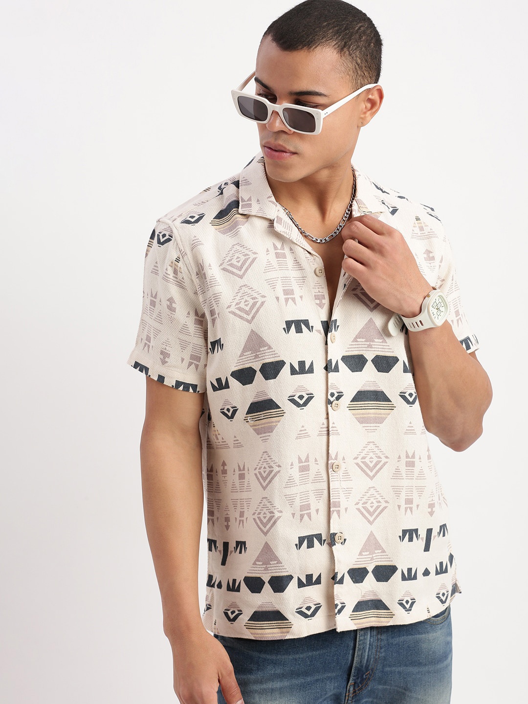 

SHOWOFF Premium Relaxed Fit Printed Cotton Casual Shirt, Cream