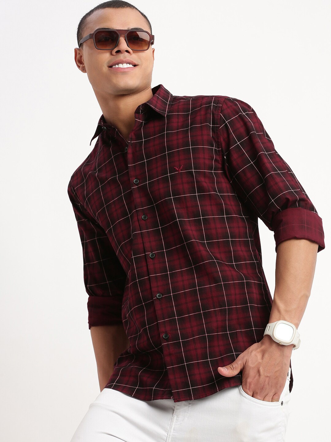 

SHOWOFF Standard Slim Fit Tartan Checks Cotton Casual Shirt, Maroon